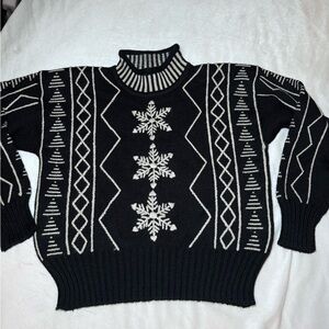 Vintage Winter Sweater Nils Wool Blend size Large snowflake black bulky warm